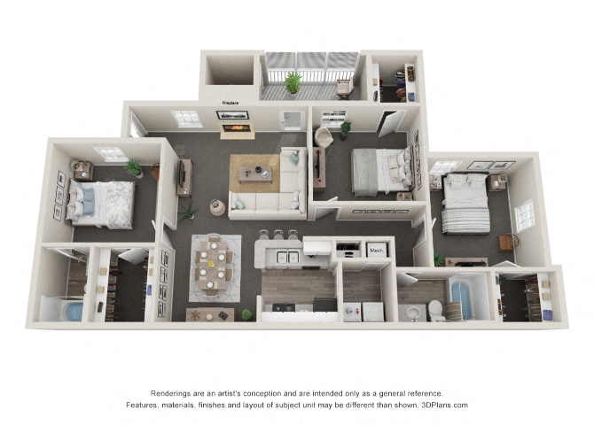 Floor plan for 3 beds, 2 baths, 1184 sqft